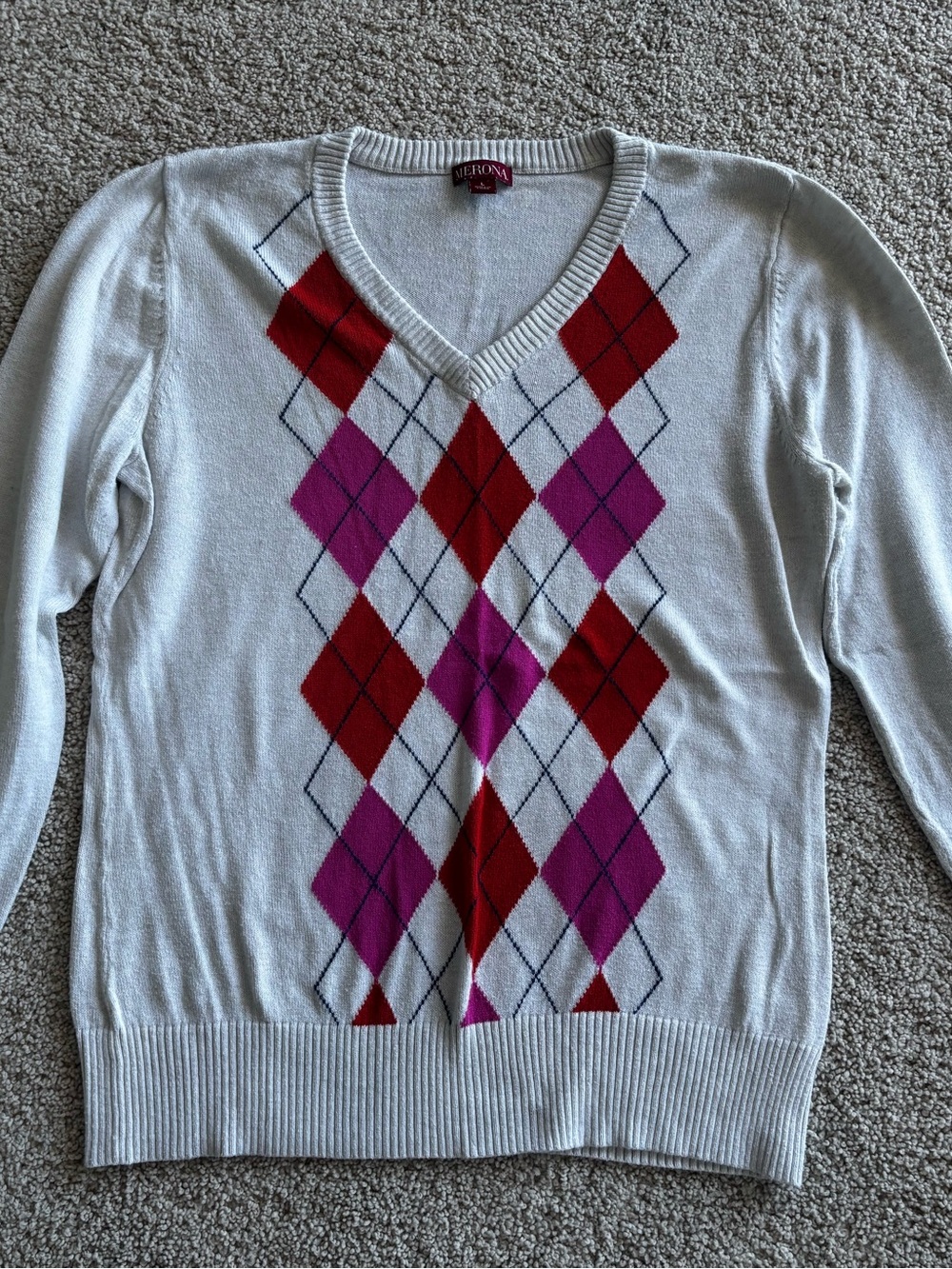 Merona Light Tan V-Neck Argyle Sweater with Orange & Pink Diamonds